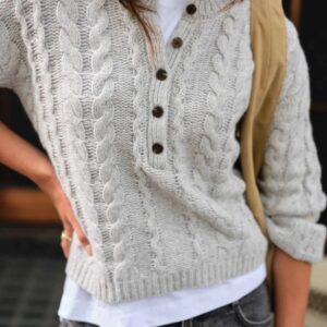 ENID CABLE KNIT HENLEY/SILVER MARLE