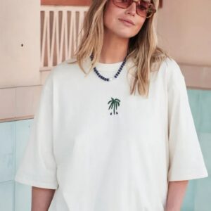 LUNA OVERSIZED TEE/BUFF/TRUE NAVY PALMS EMBROIDERY